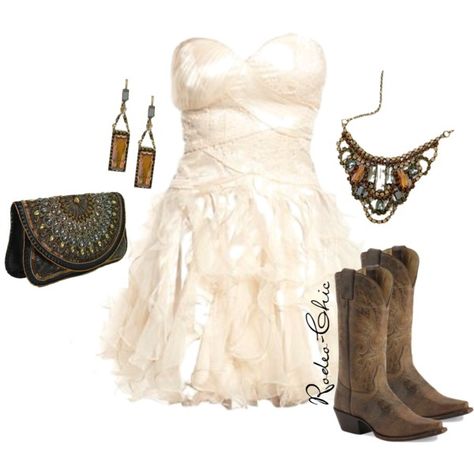 "Concrete Angel" by rodeo-chic on Polyvore, strapless chiffon dress with cowboy boots, western, wedding, love!!! Vestidos Country, Clothes Country, Bridesmaids Outfits, Rodeo Chic, Country Clothes, Strapless Chiffon Dress, Dresses With Cowboy Boots, Country Style Outfits, Cute Country Outfits