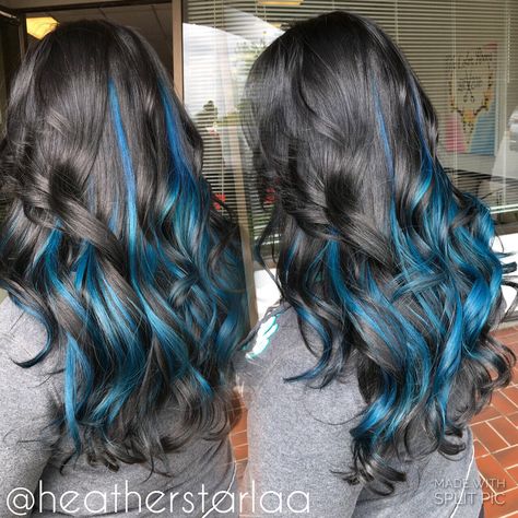 Black hair with a mermaid blue peekaboo halo. Blue hair. Black hair. Curled hair. Halo Blue Hair, Blue Peekaboo Hair Brown, Blue Halo Hair, Blue Streaks In Brown Hair, Blue Peekaboo Hair, Blue Highlights In Brown Hair, Halo Hair Color, Blue Peekaboo, Blue Hair Highlights