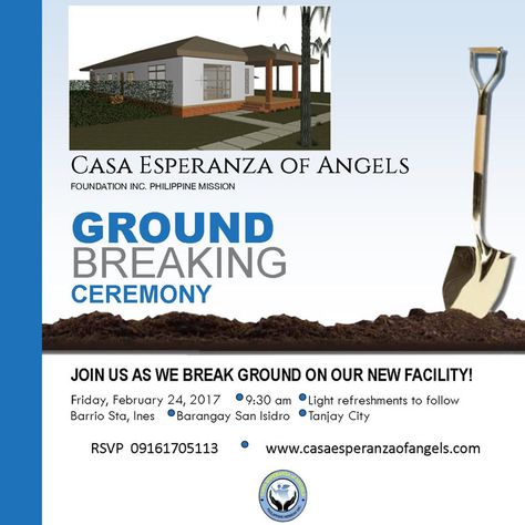 Invitational poster for Casa Esperanza of Angels #Groundbreaking ceremony on its orphanage facility in Tanjay City, Philippines. Tanjay City, Ground Breaking Ceremony, Tarpaulin Design, Groundbreaking Ceremony, Anniversary Book, 11 March, Anniversary Books, African Dresses Men, Campaign Posters