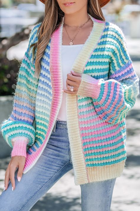 Rainbow Open Front Long Sleeve Cardigan Rainbow Cardigan, Long Sleeve Knitted Cardigan, Cute Pants, Long Sleeve Knit Sweaters, Cardigan Pattern, Long Sleeve Knit Tops, Cardigan Fashion, Striped Cardigan, Sleeve Cardigan