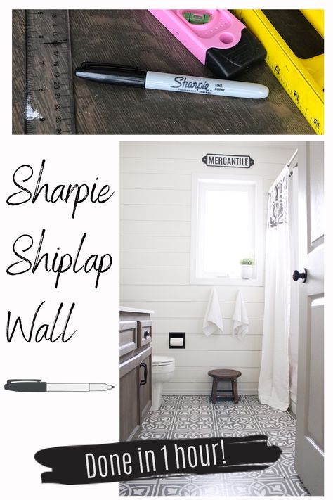 I gave my plain white bathroom walls an instant update with a black sharpie, and now it looks exactly like Shiplap!  Even my husband was duped!!  Head over to the blog to find out just how easy it is to transform any wall in your home with just a couple tools and a little bit of spare time:) Sharpie Shiplap Wall, Sharpie Accent Wall, Black Accent Wall Bathroom, Bathroom Shiplap Wall, Plain White Bathroom, Fake Shiplap, Accent Wall In Bathroom, Easy Accent Wall Ideas, 70s Farmhouse