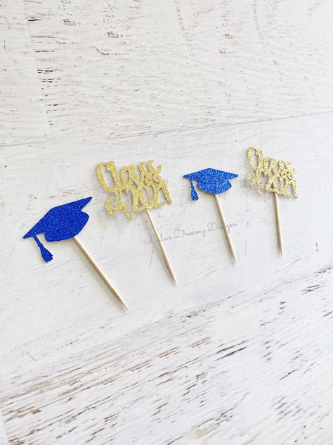 Graduation Cookout, 2023 Grad Party, Graduation Open Houses, Graduation Cupcake Toppers, Graduation Party Decorations, Graduation Cupcakes, Personalized Banners, Royal Blue And Gold, Cupcake Picks