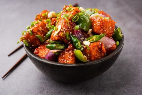 Photo chilli paneer dry is made using co... | Premium Photo #Freepik #photo #paneer-tikka #paneer #pakistani-food #indian-snacks Indo Chinese Food, Chilli Paneer, Paneer Tikka, Paneer Recipes, Interesting Food Recipes, Cottage Cheese, Kung Pao Chicken, Chinese Food, Paneer