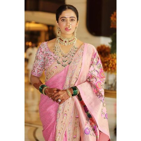 Nehha Pendse’s Wedding Pictures Are Out And She Looks Stunning #shaadiwish #celebritywedding #nehhapendse #shardulbayas #weddingoutfits #outfitideas #bridalportrait #wedding #bridalsaree Navvari Poses, Pink Nauvari Saree, Maharashtrian Wedding, Marathi Bride, Nauvari Saree, Organza Embroidery, Indian Sari Dress, Wedding Saree Collection, Modern Saree