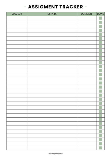 assignment tracker (green ver) studentplanner #plannerlayouts🛑 Schedule Study, Homeschool Student Planner, Student Essentials, Productivity Organization, Productivity Goals, Student Weekly Planner, Assignment Tracker, Homework Tracker, Create Your Own Planner