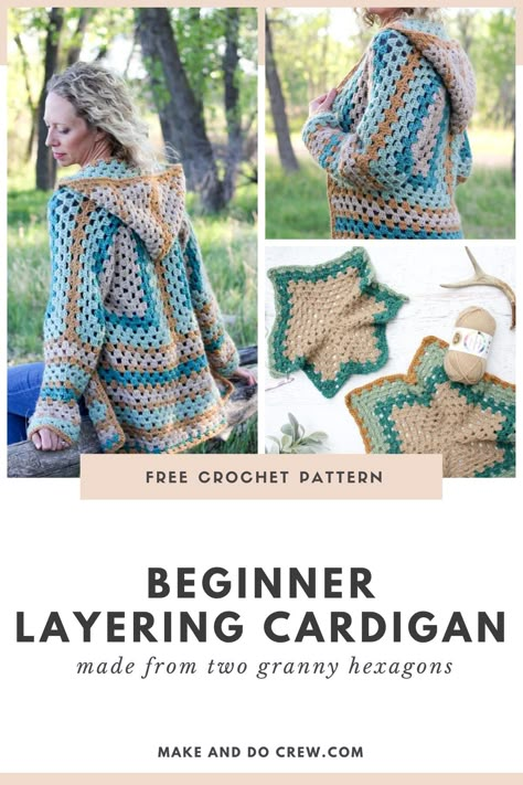 This free crochet cardigan pattern from Make and Do is easier than it looks! Made from two granny hexagons, this sweater is fun to make and perfect for layering throughout the year. #makeanddocrew #freecrochetpattern #crochetsweaterpattern Hexagon Sweater, Pola Sweater, Jaket Crochet, Crocheted Sweaters, Crochet Cardigan Pattern Free, Sweater Boho, شال كروشيه, Crochet Sweater Pattern Free, Boho Cardigan