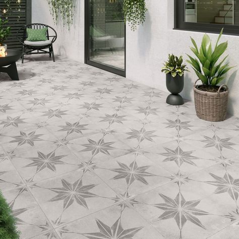 Outdoor Floor Tile Magic Design And Installation Outdoor Tiles Pattern, Outdoor Patterned Floor Tiles, Small Porch Tiles Entrance, Patterned Patio Tiles, Patterned Garden Tiles, Outdoor Porcelain Tile Patio Ideas, Back Patio Tile Ideas, Painted Paving Slabs Patio, Porch Floor Tiles