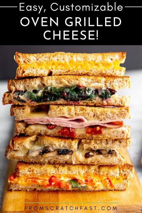 These oven grilled cheese sandwiches are the perfect way to feed a family (or a crowd). This easy, mess-free method results in buttery, crispy, cheesy sandwiches that can be customized to your tastes! #ovengrilledcheese #easygrilledcheese #grilledcheese #glutenfree Grilled Cheese For A Crowd Parties, Grilled Cheese For A Crowd, Cheesy Sandwiches, Oven Baked Grilled Cheese Sandwiches, Grilled Cheese In The Oven, Adult Grilled Cheese Sandwiches, Oven Grilled Cheese, Make Ahead Grilled Cheese Sandwiches, Cheese In The Oven