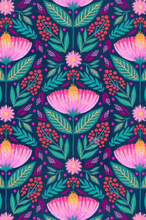 I turned a hand-painted piece into a pattern. Looks like some moody wallpaper — I love it! #floralart #flowerpattern #brightfloral #floralpainting #flowerart #floralpattern #boldfloral #floralwallpaper #roomdecor Moody Wallpaper, Surface Pattern Design Inspiration, Pattern Design Inspiration, Folk Art Flowers, Neon Painting, Art Aquarelle, In The Desert, Growing Flowers, Floral Illustrations