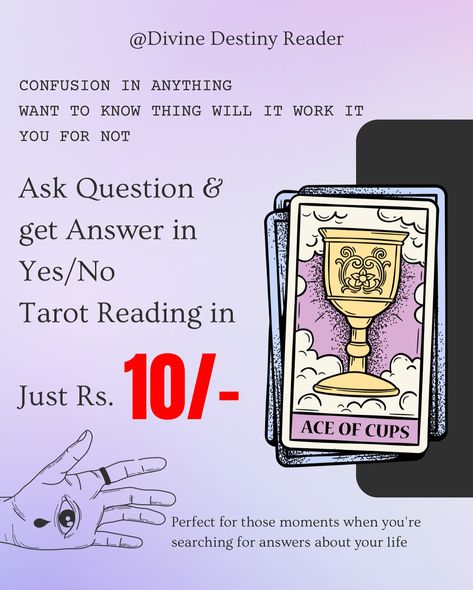 🔮 Get quick answers for just ₹10! ⭐️Ask your yes or no questions and let the cards reveal the answers. Limited. time offer, book now! . . . Follow @divine__destiny__reader to know more! DM to get the Readings or Whatsapp us @ +91-9811223056 . . . #tarot #tarotcards#tarotbysoulreader#Guidance #Manifestation #LawOfAttraction#divineenergy #universe #meditation #heal #viral #spiritual #SelfLove #Love_remedies #prediction [Tarot Card, Tarot Reading, Free Tarot Reading, Quick Predictions, Tarot ... Divine Destiny, Universe Meditation, Free Tarot Reading, Yes Or No Questions, Free Tarot, Yes Or No, Tarot Card, Tarot Reading, Tarot Cards