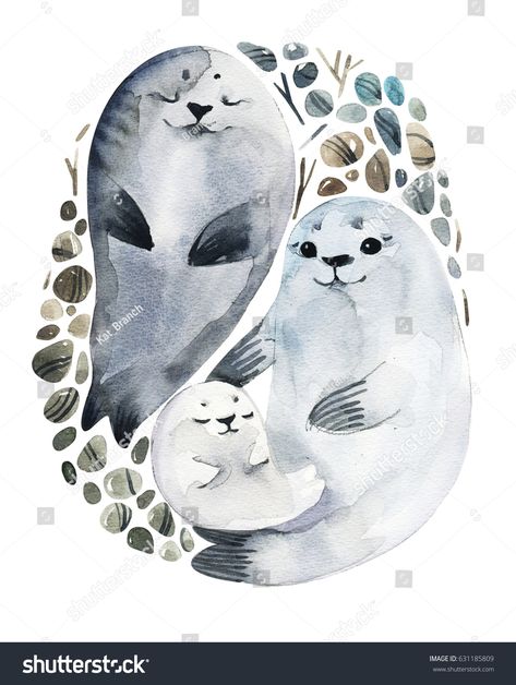 Family Watercolor, Cute Seals, Illustration Cute, Family Illustration, Watercolor Animals, Cute Illustration, Animal Illustration, Watercolor Illustration, Image Illustration