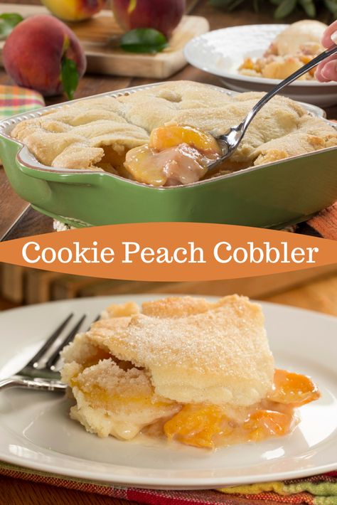 Dig into a fresh peach cobbler with a to-die-for sugar cookie crust. This dessert is just 6 ingredients! Sugar Cookie Crust Dessert, Mr Food Recipes, Fruit Cobbler Recipe, Fresh Peach Cobbler, Cobbler Easy, Sugar Cookie Crust, Cookie Toppings, Peach Recipes, Peach Cobbler Easy