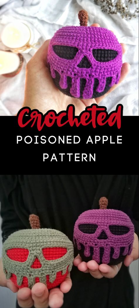 Poisoned Apple, Disney Crochet Patterns, Crochet Skull, Fall Crochet Patterns, Crochet Disney, Halloween Crochet Patterns, Crochet Design Pattern, Beginner Crochet Projects, Crochet Amigurumi Free