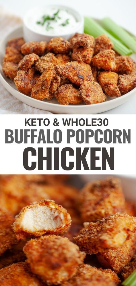 Keto Buffalo Popcorn Chicken is my new favorite low carb meal and high-protein snack! Skip the drive-thru and make these homemade spicy breaded chicken bites in an air fryer or in the oven in 20 minutes or less! Keto Chicken Bites Air Fryer, Keto Buffalo Chicken Bites, Keto Chicken Bites, Buffalo Popcorn Chicken, Breaded Chicken Bites, Spicy Breaded Chicken, Buffalo Popcorn, Whole30 Sides, Diet Tracker