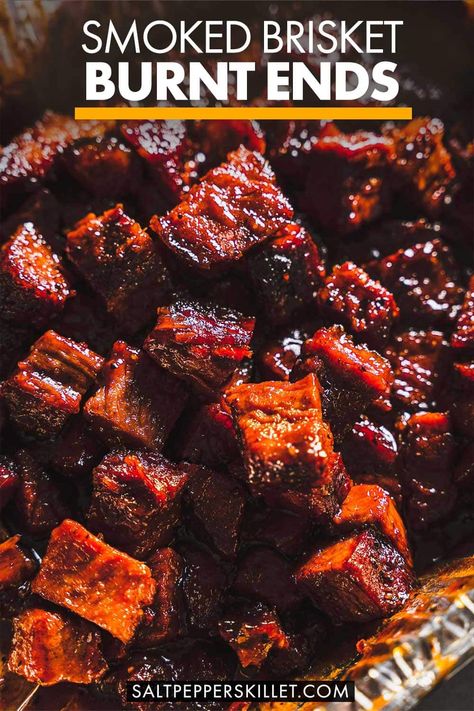 Indulge in the mouthwatering and addictive flavor of brisket burnt ends. They are the perfect party appetizer or indulgent snack that just needs some brisket, a smoker, some bbq sauce, brown sugar and time. Burnt Ends Brisket, Healthy Smoker Recipes, Brisket Burnt Ends, Grilling Recipes Sides, Homemade Salsa Recipe, Burnt Ends, Smoked Pulled Pork, Sous Vide Recipes, Barbecue Restaurant