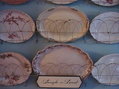 the old white house: O.K. you know that platter obsession I mentioned? Old White House, Vintage Platters, Platter Display, Antique Booth Ideas, Fence Wall, Antique Booth, Kitchen Walls, Plate Rack, Farm Cottage