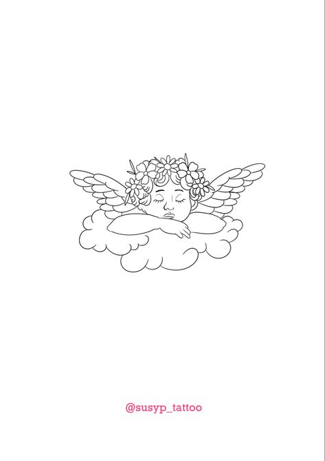 Sleeping Angel Tattoo, Cherub Outline, Cherub Tattoo Designs, Angel Outline, Sticker Sleeve, Tiny Tats, Cherub Tattoo, Sleeping Angel, Angel Tattoo Designs