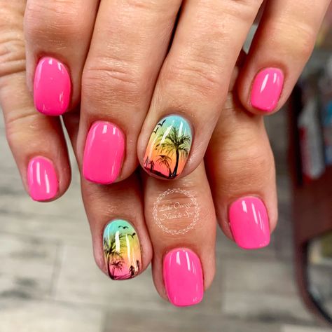 Tropical Holiday Nails Summer, Tropical Sns Nails, Tropical Nail Colors Hawaii, Hawai’i Nails, Sunset Beach Nails, Tropical Gel Nail Designs, Hawaiian Nail Ideas, Carribean Nails Designs, Tropical Nails Short