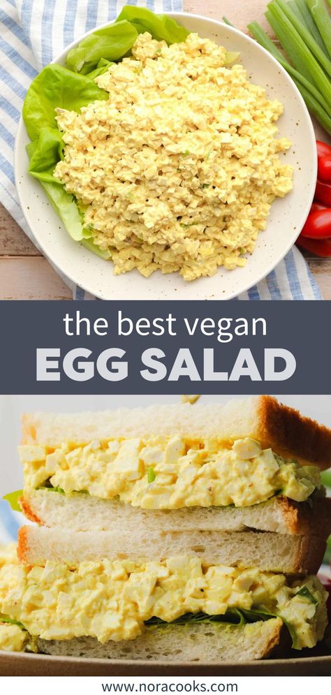 This Vegan Egg Salad looks and tastes just like the real thing! Made with finely chopped firm tofu and an “eggy” vegan egg salad dressing, it’s an easy meal that’s delicious in sandwiches or served at the potluck! | vegan egg salad tofu | vegan egg salad sandwich tofu | vegan egg salad with tofu | vegan egg salad tofu | vegan egg salad nora cooks | vegan egg salad recipe Best Vegan Salads, Vegan Egg Salad, Best Egg Salad Recipe, Vegan Egg, Plant Based Whole Foods, Egg Salad Recipe, Lunch Recipe, Whole Food Diet, Vegan Eggs