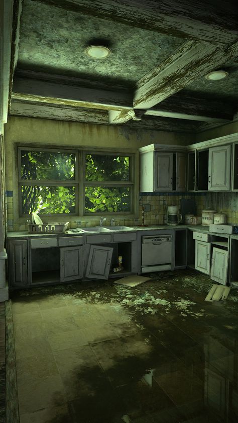 Post Apocalypse Art, Zombie Apocalypse Scenario, The Last Of Us Buildings, Post Apocalyptic Wallpaper, Apocalypse Room, Zombies Aesthetic, Tlou Environment, Zombie Apocalypse House, Apocalypse Vibes