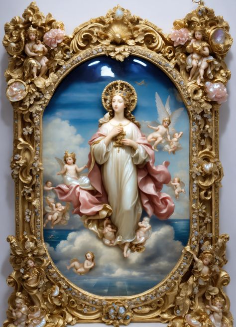 Lexica - Mirrored, Mary mother of Jesus darker skin, Baroque style. Multiple small Angels, cherubs flying around the diamond, adorned with gold leaf ... Mary Mother Of Jesus, Small Angel, Roman Art, Baroque Style, Catholic Art, Baroque Fashion, Gold Leaf, Fantasy Art, Jesus