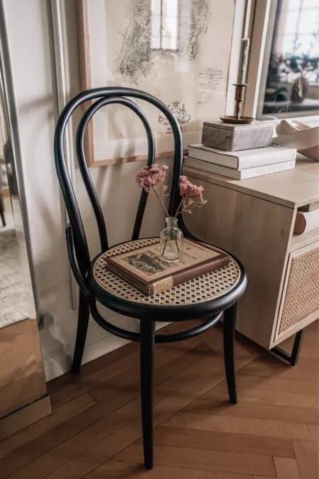 black cane chair, dining chairs, media console, home, home decor, decor, home decor ideas, living room, gallery wall, candlestick, apartment decorating | @prettyinthepines, New York City Black Cane Chairs Dining Rooms, Black Cane Chair, Living Room Designs Cozy, Pretty In The Pines, Living Room Gallery Wall, Inspirational Homes, Metal Bistro Chairs, Room Gallery Wall, Cane Dining Chairs