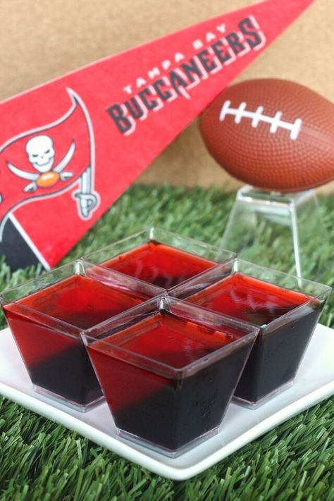 Tampa Bay Buccaneers Jell-O Shots Jell O Shots Recipe, Mixed Drink Ideas, Super Bowl Snack Stadium, Bucs Football, Snack Stadium, Super Bowl Menu, Superbowl Food, Jell O Shots, Jello Shot