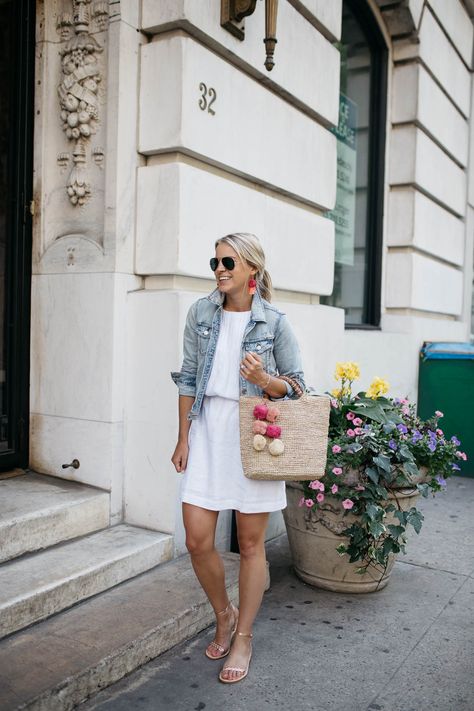 Little White Dress for Summer, Light Wash Denim Jacket, Straw Tote | Casual Summer Style Looks For Summer, Styled Snapshots, Light Denim Jacket, Light Wash Denim Jacket, Denim Jacket Outfit, Little White Dress, Denim Jacket With Dress, Modest Dresses Casual, Dress For Summer