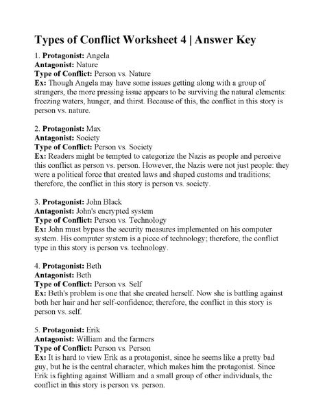 Types of Conflict Worksheet 4 | Reading Activity Paragraph Writing Topics, Conflict In Literature, Author's Purpose Worksheet, Conflict Resolution Worksheet, Character Trait Worksheets, Figurative Language Worksheet, Types Of Conflict, Character Worksheets, Main Idea Worksheet