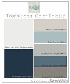 Transitional Color Palette: paint colors that are great for mixing warm and cool tones. Transitional Paint Colors, Benjamin Moore Beach Glass, Transitional Color Palette, Foyer Paint Colors, Foyer Paint, Decorators White Benjamin Moore, Big Houses Interior, Interior Paint Colors Schemes, Choosing Paint Colours