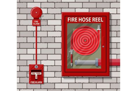 Water hose to extinguish the fire in cabinet and alarm system at brick wall. Fire equipment. Vector illustration in flat style Fire Extinguisher Cabinets, Metallic Paint Walls, Fire Equipment, Fire Hose, Hose Reel, Water Hose, Alarm System, Fire Extinguisher, Flat Style