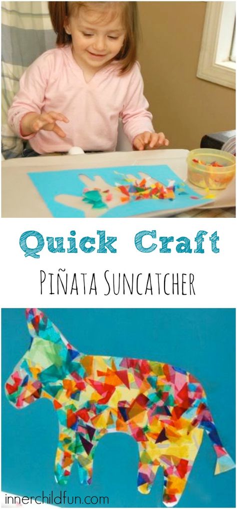 It’s almost time for Cinco de Mayo — one of my favorite holidays! I love the food, the music, and all the bright beautiful colors! We made fun pinata suncatchers today to make our kitchen look a little more festive. I drew an outline of a donkey onto some construction paper, and Emily cut out … Hispanic Heritage Month Crafts, Multicultural Crafts, Mexico Crafts, Spanish Crafts, Hispanic Heritage Month Activities, Mexican Crafts, Quick Crafts, 5 De Mayo, Daycare Crafts