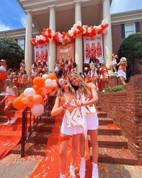 Elle Schuppan on Instagram: "couldn’t be happierrrr 🧡🍊🧡#luckymeimaKD #CRUSHEDIT" Orange Crush Theme Party, Orange Crush Bid Day Theme, Orange Bid Day Theme, Crushed It Bid Day, Unique Bid Day Themes, Sorority Bid Day Themes, Sorority Work Week, Sorority Themes, Sorority Girls