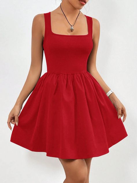 SHEIN EZwear Women Solid Color Simple Square Neck Spaghetti Strap Pleated DressI discovered amazing products on SHEIN.com, come check them out! Red Dance Dress, Red Dance, Dance Theme, Witchy Style, Outfits Vestidos, Dark Red Dresses, Sleeveless Short Dress, Red Dress Short, Shein Dress