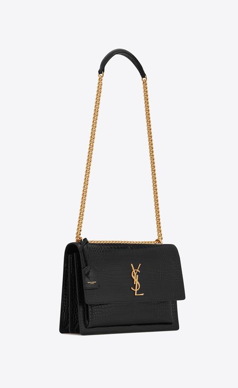 SUNSET large in crocodile-embossed shiny leather | Saint Laurent Denmark | YSL.com Ysl Sling Bag, Ysl Purse, Luxury Bags Collection, Aesthetic Bags, Crocodile Bags, Monogram Bag, Saint Laurent Bag, Large Bag, Branded Bags