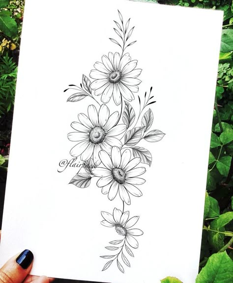 Daisy Tattoo Large, Daisy Hip Tattoos Women, Daisy Tattoo Designs Vintage, Daisy Tattoos For Women, Daisy Spine Tattoo, Daisy Sleeve Tattoo, Daisy Bouquet Tattoo, Sunflower Bouquet Tattoo, Gerber Daisy Tattoo