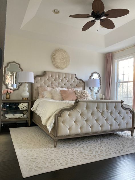 Mirror Behind Nightstand Farmhouse, Mirror With Nightstand, Night Stands With Mirrors Behind, Nightstand Decor With Mirror, Classic Glam Bedroom, Bedrooms With Mirrors Behind Nightstands, Mirrors On Nightstand Ideas, Mirror Behind Lamp Bedroom Night Stands, Nightstands With Mirrors Behind