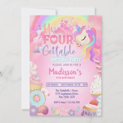 $3.08 | Unfourgettable Unicorn Donut Sweet 4th Birthday In | Birthday Invitations | unfourgettable, donut, castle, fourth, rainbow, candyland, unicorn, donut party, 4th birthday Rainbow Unicorn Birthday Party Invites, Girl 4th Birthday, 4th Birthday Invitation, Unicorn Donut, Rainbow Unicorn Birthday Party, Unicorn Party Invites, Rainbow Birthday Invitations, Unicorn Birthday Party Invitation, Rainbow Unicorn Birthday