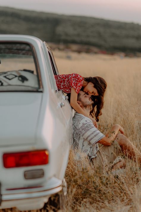 Parra Road Couple Photo, Pre Wedding In Car, Couples With Cars Photography, Photoshoot With Car Couple, Pre Wedding Photoshoot With Car, Couples Car Shoot, Muscle Car Couple Photoshoot, Couple With Car Photography, Gas Station Engagement Pictures