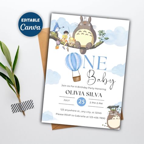 Studio Ghibli Party Invitations, Studio Ghibli 1st Birthday, Totoro Birthday Theme, Totoro Birthday Invitation, Totoro Decorations Party, Ghibli Baby, Totoro Birthday, Peach Baby Shower, Neighbor Totoro