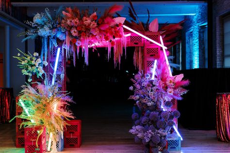 Neon Backdrop, Arch Installation, Neon Disco, Neon Party Decorations, Mass Moca, Havana Nights Party, Event Entrance, Neon Jungle, Lounge Party