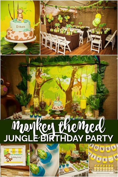 monkey themed jungle birthday party Shopkins Party Decorations, Monkey Party Ideas, 1 Year Birthday Party Ideas, Monkey First Birthday, Monkey Birthday Parties, 50th Birthday Party Decorations, Jungle Theme Birthday, Jungle Birthday Party, Monkey Birthday