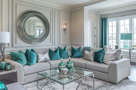 Gray And Teal Living Room, Teal Grey Living Room, Teal Living Room Ideas, Mirror On Wall, Teal Living Room, Light Gray Carpet, Turquoise Living Room Decor, Light Gray Sofas, Living Room Turquoise