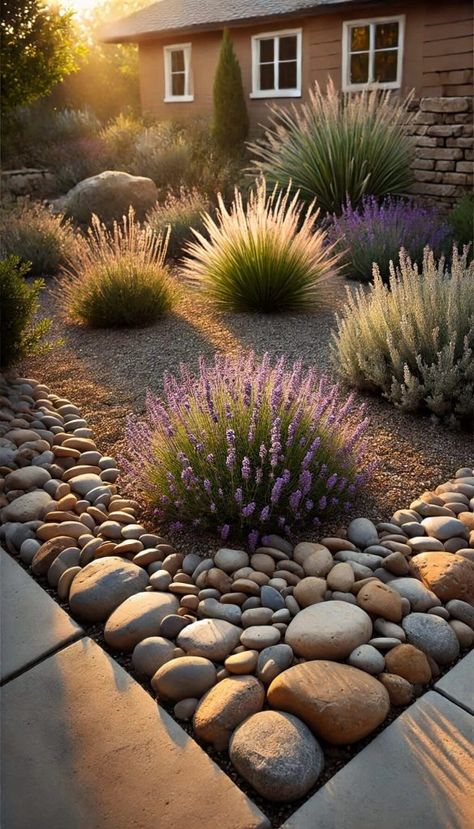 20+ Brilliant Xeriscape Gardening Ideas for a Stunning, Water-Wise Yard 35 Front Yard Landscaping Xeriscape, Decorative Rock Landscaping Front Yard, Around Front Porch Landscaping, Xeric Garden Design, Front Yard Landscaping With River Rocks, Xeriscape Zen Garden, Accent Shrubs Front Yards, Desert Theme Front Yard, Colorado Zeroscaping