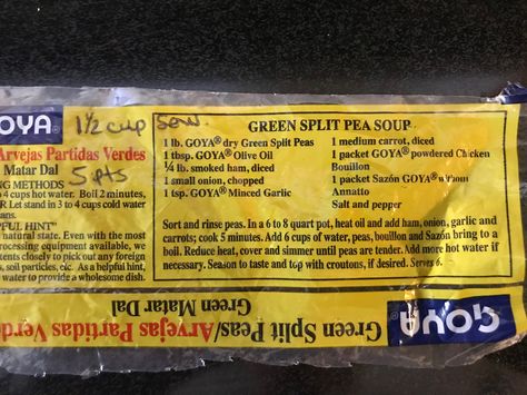 Goya Split Pea Soup  1 ham hock Can add celery Instant pot -45 minutes/10 minutes natural release Use immersion blender Can double carrots Goya Split Pea Soup Recipe, Green Split Pea Soup, Goya Recipe, Green Split Peas, Split Pea Soup Recipe, Easy Mediterranean Diet Recipes, Split Pea Soup, Pea Soup, Smoked Ham