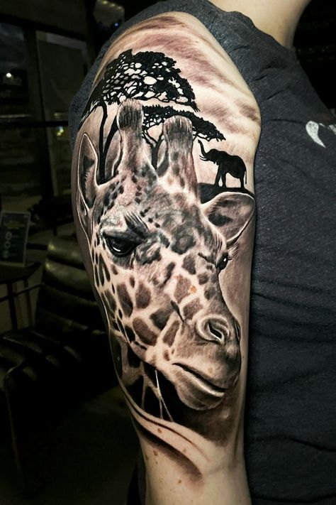 African Sleeve Tattoo, Giraffe Tattoo, Holy Spirit Tattoo, Jungle Tattoo, Animal Tattoos For Women, Africa Tattoos, Salvation Tattoo, Tattoo Japanese Style, Animal Sleeve Tattoo