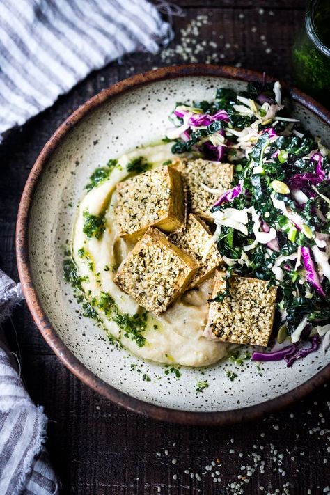 20 Vegetarian Dinner Recipes for Fall! | Hemp Crusted Tofu with Celeriac Puree - a simple, healthy vegan dinner that can be made in 45 minutes. #hemp #tofu #celeriac #tofu #fallrecipes #vegan #falldinners Hemp Tofu, Celeriac Puree, Vegetarian Bowl, Hemp Seed Recipes, Crusted Tofu, Raw Cabbage, Vegetarian Recipe, Cabbage Slaw, Kale Salad