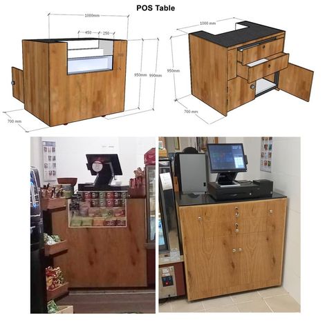 Customized POS Table made with vineer finish and corian marble top. with embedded impulse display in white acrylic. Ample of storage and drawers with lock. Ideal for any cashier at a restaurant or coffee shop. Cashier Table, Corian Marble, My Core, 3d Illustrations, White Acrylic, White Acrylics, Beauty Shop, Marble Top, Project Management