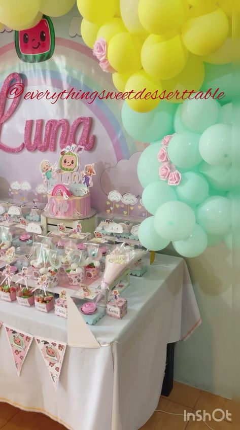 #cocomelon - Everything Sweet Dessert Table Cocomelon Dessert Table, 1st Birthday Cake, Sweet Desserts, 1st Birthday Parties, Dessert Table, Melon, 1st Birthday, Birthday Parties, Birthday Cake