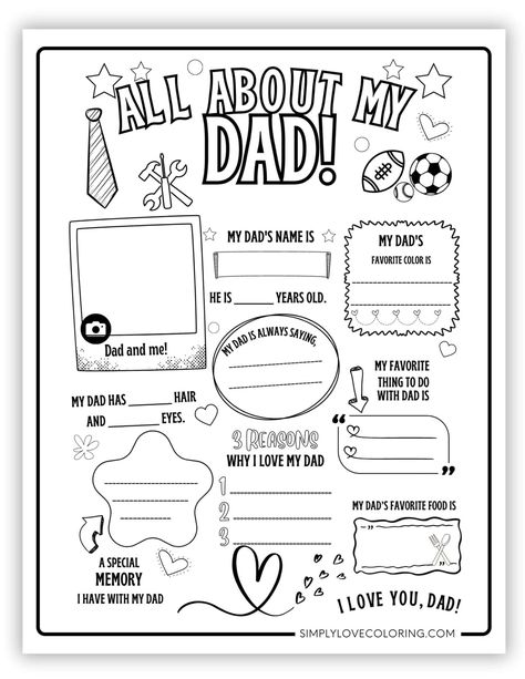 Free All About My Dad coloring pages are the perfect gift for Father's Day or any day to let Dad know how much you appreciate all he does Father’s Day Work Sheet, Free Dad Printables, Dad Coloring Page Free Printable, All About My Dad Free Printable Kids, Happy Birthday Dad Coloring Page, Happy Father’s Day Coloring Pages, Father’s Day Colouring Sheet, Father’s Day Coloring Page, Fathers Day Worksheets For Kids